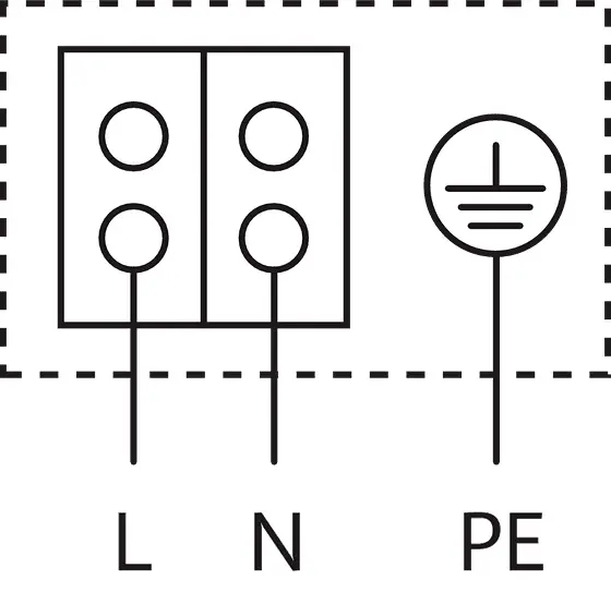 Schematische Darstellung einer Wilo-Pumpe mit zwei Anschlüssen (L und N) sowie einem Erdungsanschluss (PE) für die elektrische Verbindung.